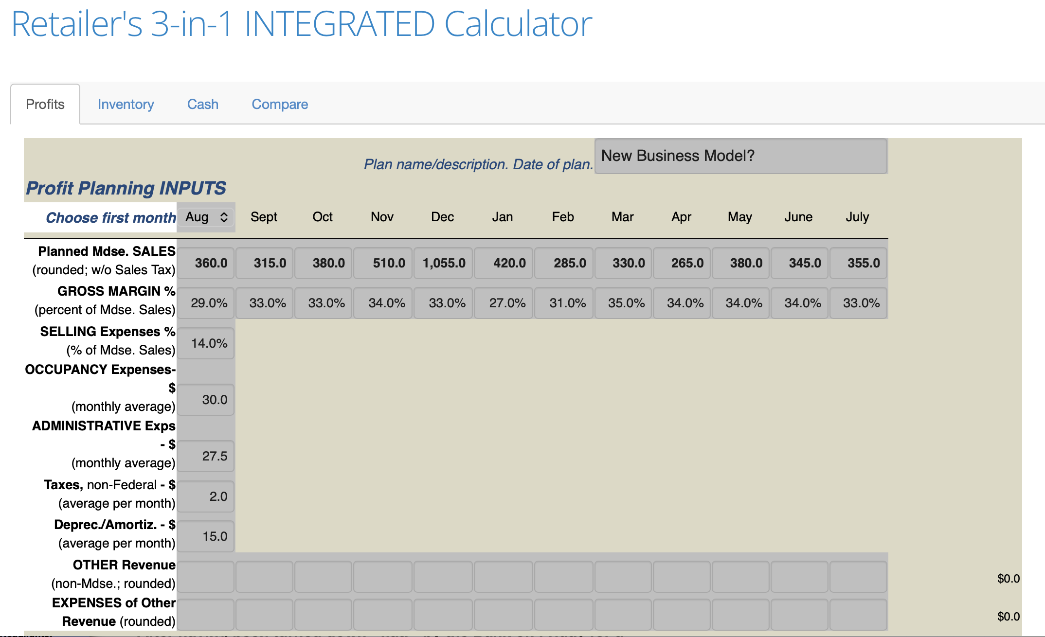 Input Screen for 3-in-1 "What if...?" Calculator for Retailers